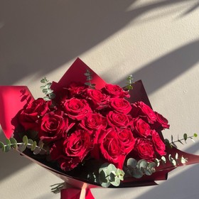 Red roses with eucalyptus